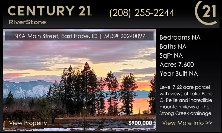 East Hope property that has it all. Level 7.62 acre parcel with views of Lake Pend O Reille